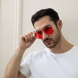 Metal Frame Aviator Sunglasses with Red Lenses