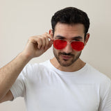 Metal Frame Aviator Sunglasses with Red Lenses