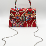 Floral Satin Embroidered Top Handle Bag in Red