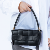 Woven Faux Leather Shoulder Bag in Black