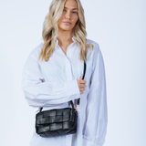 Woven Faux Leather Shoulder Bag in Black