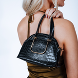 Dual Handle Croc Grab Bag in Black