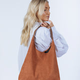 Suede Hobo Shoulder Bag in Tan