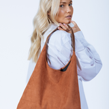 Suede Hobo Shoulder Bag in Tan