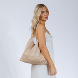 Suede Hobo Shoulder Bag in Beige