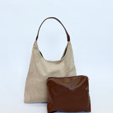 Suede Hobo Shoulder Bag in Beige