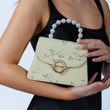 Embroidered Floral Pearl Top Handle Bag