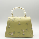 Embroidered Floral Pearl Top Handle Bag