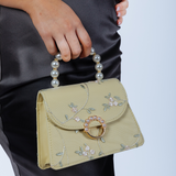 Embroidered Floral Pearl Top Handle Bag