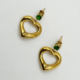 Heart Drop Earrings in Gold with Green Stone