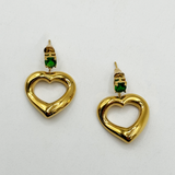 Heart Drop Earrings in Gold with Green Stone