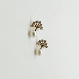 Pearl Stud Earring with Diamante Tree in Gold