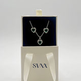 Green Diamante Heart Necklace and Earrings Set in Silver