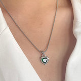 Green Diamante Heart Necklace and Earrings Set in Silver