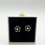 Black Floral Pearl Stud Earrings in Gold