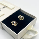 Black Floral Pearl Stud Earrings in Gold