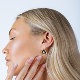 Black Floral Pearl Stud Earrings in Gold