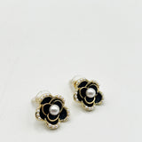 Black Floral Pearl Stud Earrings in Gold
