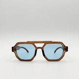 Angular Navigator style sunglasses in Brown with blue Lenses