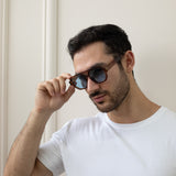 Angular Navigator style sunglasses in Brown with blue Lenses