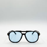 Oversized Navigator Sunglasses in Black with Blue Lenses