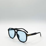 Oversized Navigator Sunglasses in Black with Blue Lenses