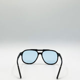 Oversized Navigator Sunglasses in Black with Blue Lenses