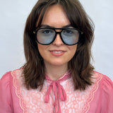 Oversized Navigator Sunglasses in Black with Blue Lenses