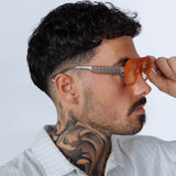 Retro Ribbed Navigator Sunglasses in Orange Grey