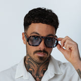 Tortoise Retro Navigator Sunglasses in Grey Blue
