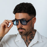 Tortoise Retro Navigator Sunglasses in Grey Blue