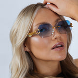 Rimless Oval Geometric Sunglasses in Gold Blue
