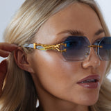 Rimless Oval Geometric Sunglasses in Gold Blue