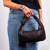 SVNX Woven PU leather grab bag with knotted strap detail in dark oak