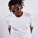 Silver racer style sunglasses with black lenses
