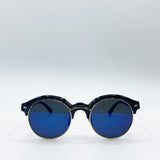 Black Round Sunglasses with Blue Revo Lenses and Gold Detail