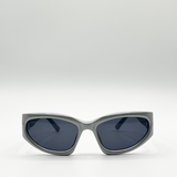 Silver racer style sunglasses with black lenses