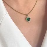 Emerald Green Diamante Heart Necklace and Earrings Set in Gold