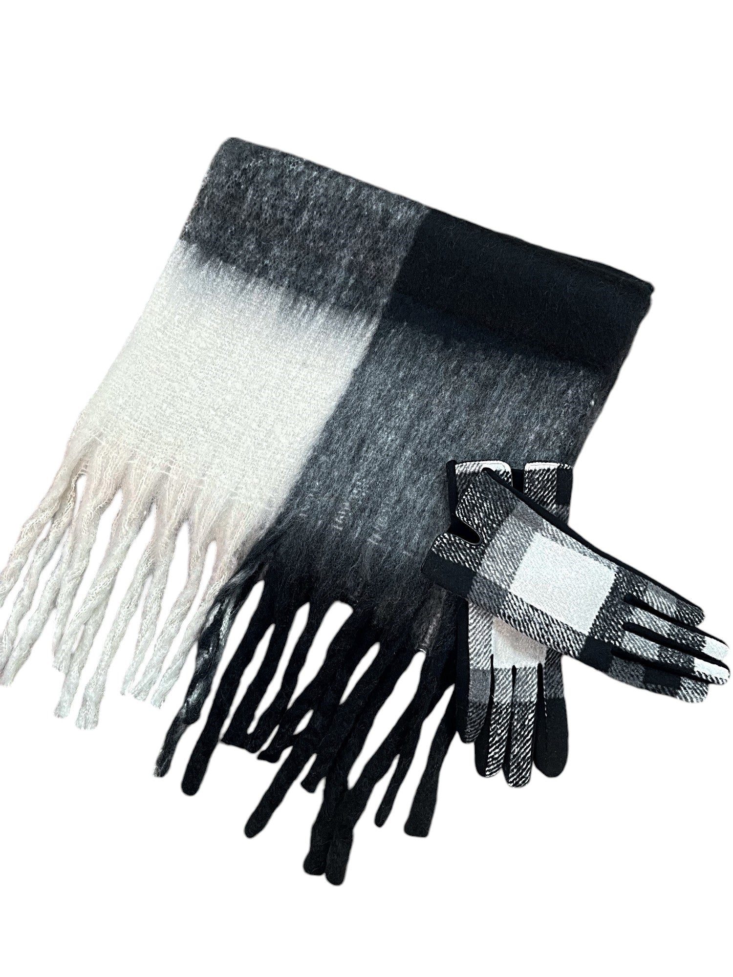 Black White Check Scarf & Gloves Set - svnx