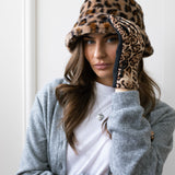 Leopard Plush Print Bucket Hat & Gloves Set