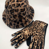 Leopard Plush Print Bucket Hat & Gloves Set