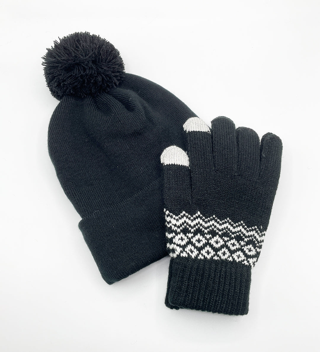 Pom Pom Beanie Hat & Nordic Knit Gloves Set in Black