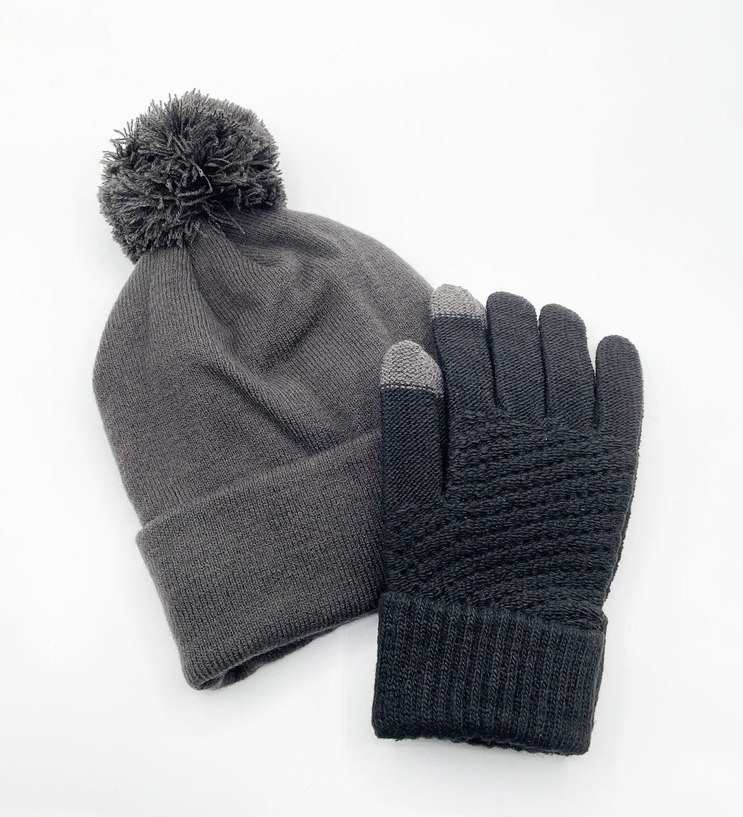 Pom Pom Beanie Hat & Textured Knit Gloves Set in Grey