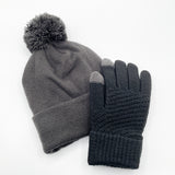 Pom Pom Beanie Hat & Textured Knit Gloves Set in Grey
