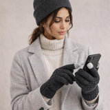Pom Pom Beanie Hat & Textured Knit Gloves Set in Grey