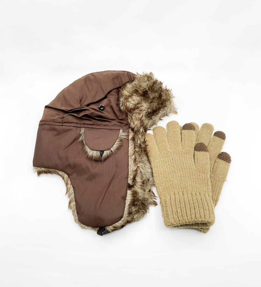 Faux Fur Trapper Hat & Ribbed Knitted Gloves Set in Brown