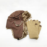 Faux Fur Trapper Hat & Ribbed Knitted Gloves Set in Brown