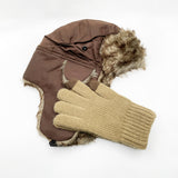 Faux Fur Trapper Hat & Ribbed Knitted Gloves Set in Brown