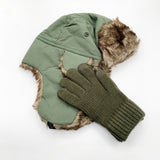 Faux Fur Trapper Hat & Ribbed Knitted Gloves Set in Green