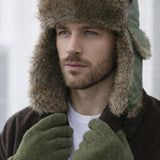 Faux Fur Trapper Hat & Ribbed Knitted Gloves Set in Green